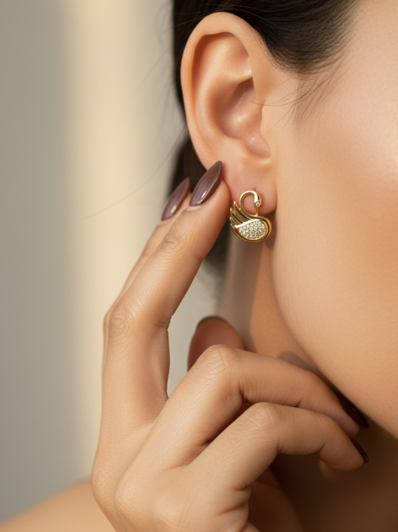 Gold-Plated CZ Swan Stud Earrings
