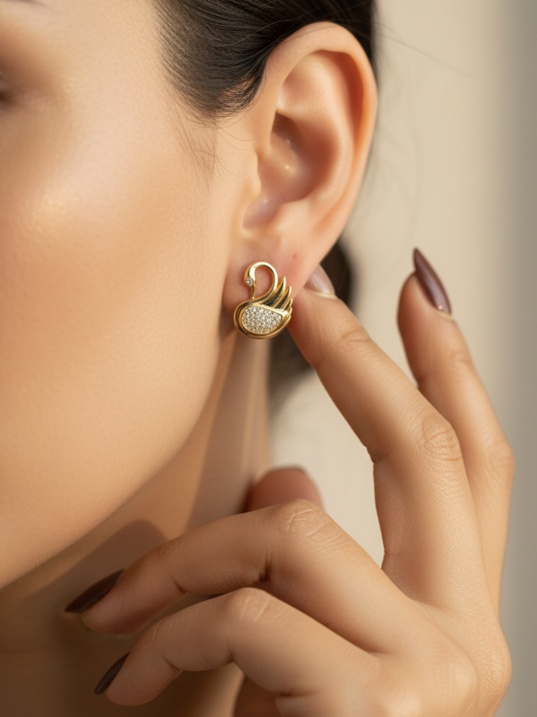 Gold-Plated CZ Swan Stud Earrings
