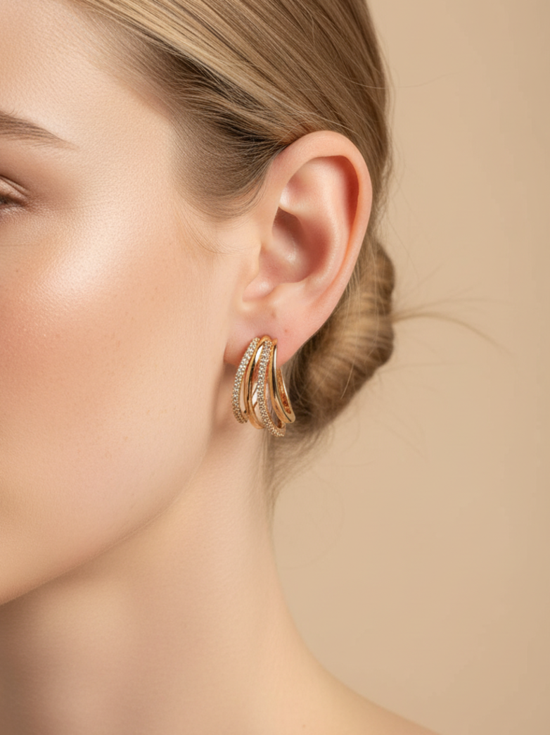 Gold-Plated Multi-Layer CZ Hoop Earrings