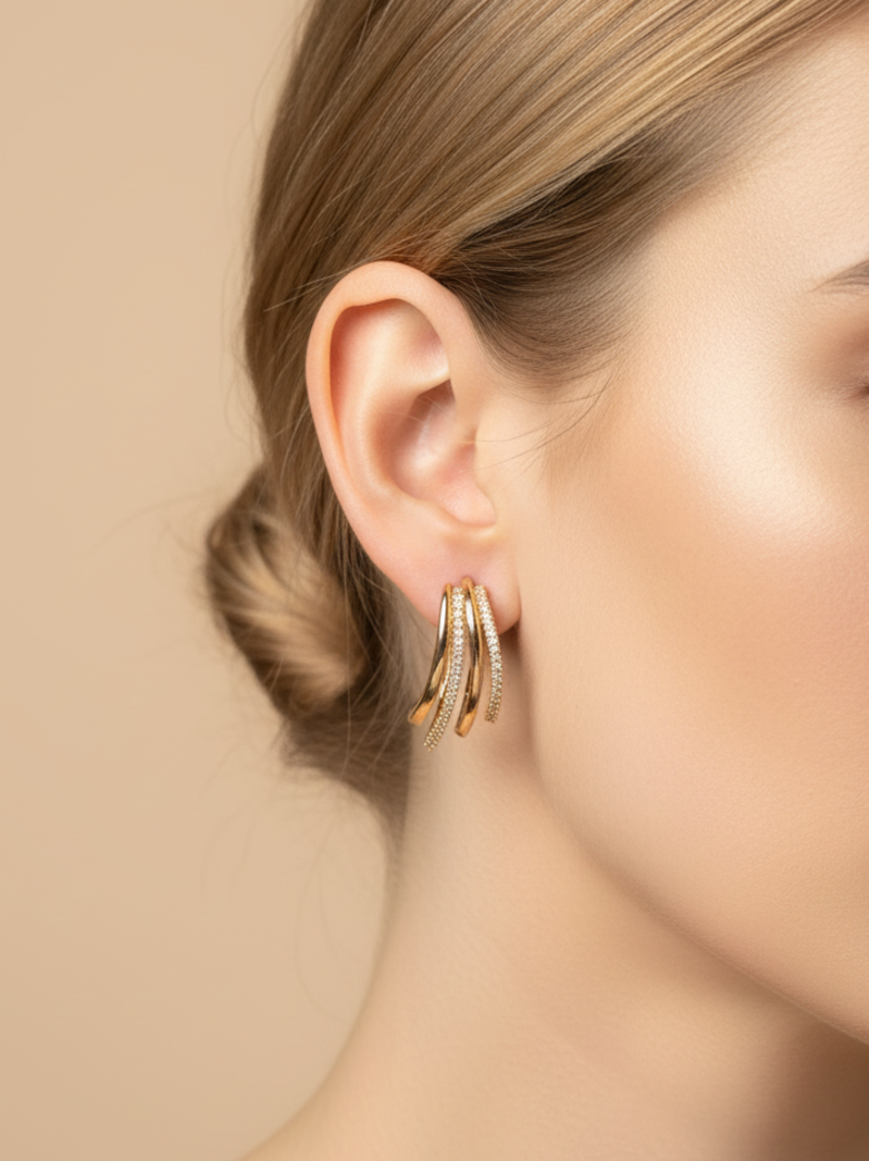 Gold-Plated Multi-Layer CZ Hoop Earrings