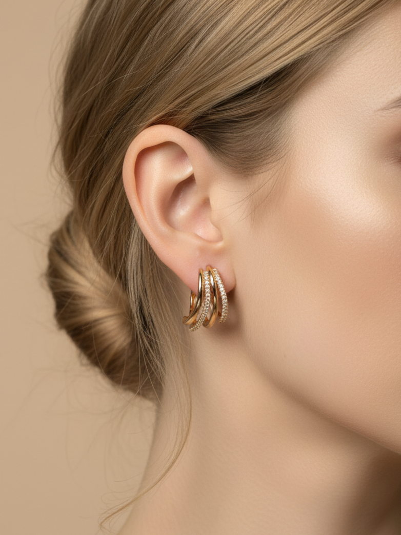 Gold-Plated Multi-Layer CZ Hoop Earrings