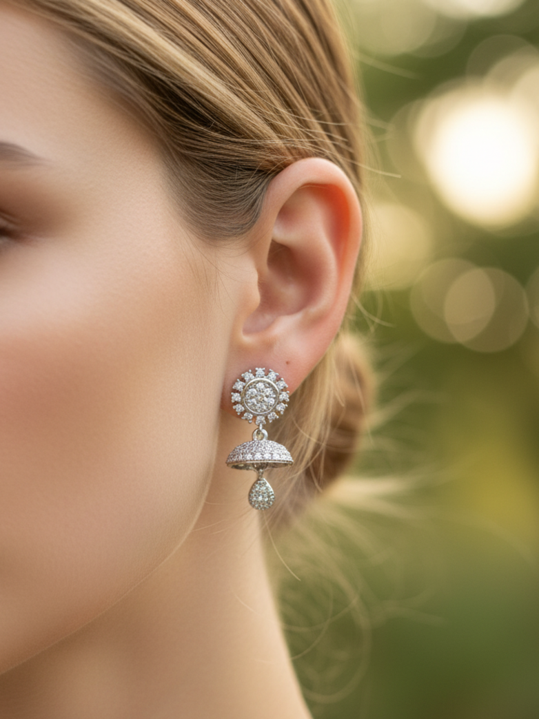 Silver-Tone CZ Jhumka Drop Earrings