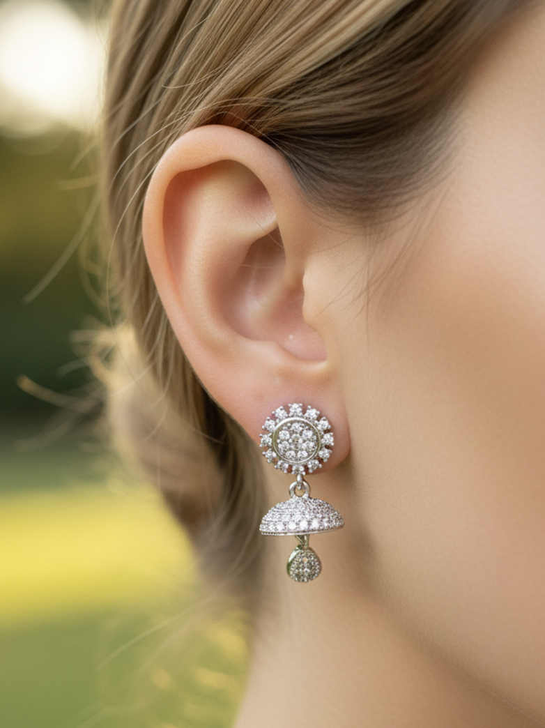Silver-Tone CZ Jhumka Drop Earrings
