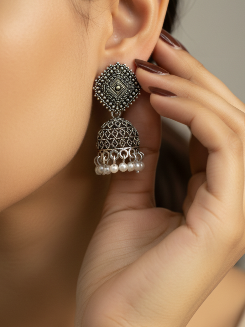 Oxidised Silver Square Top Jhumka Earrings with Pearl Beads