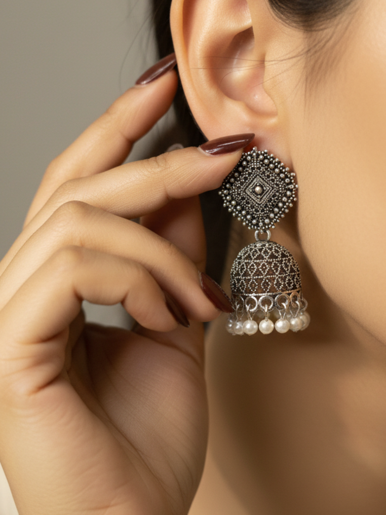 Oxidised Silver Square Top Jhumka Earrings with Pearl Beads
