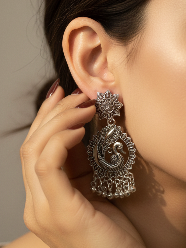 Oxidised Silver Peacock Oval Drop Earrings