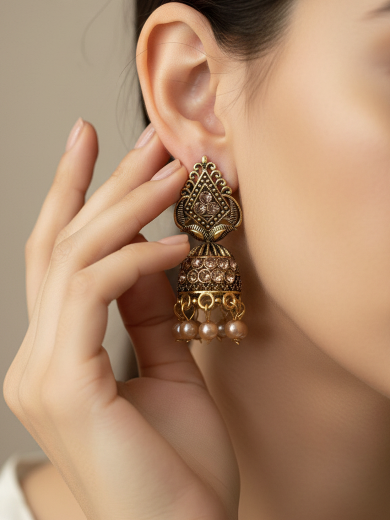 Antique Gold-Plated Stone Jhumka Earrings with Beads