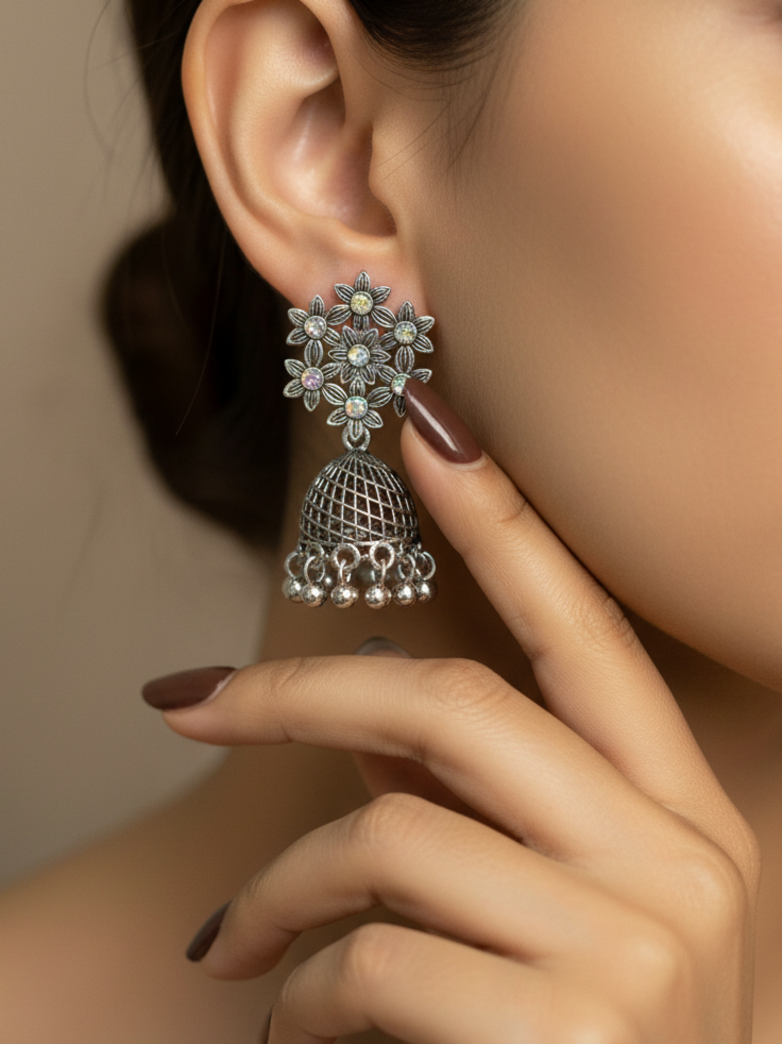 Oxidised Silver Floral Branch Jhumka Earrings
