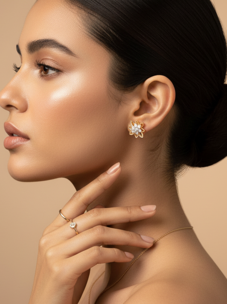 Gold-Plated CZ Floral Stud Earrings