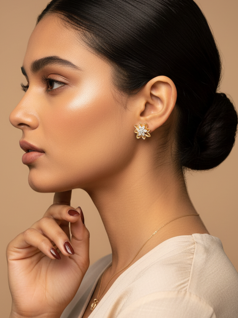 Gold-Plated CZ Floral Stud Earrings