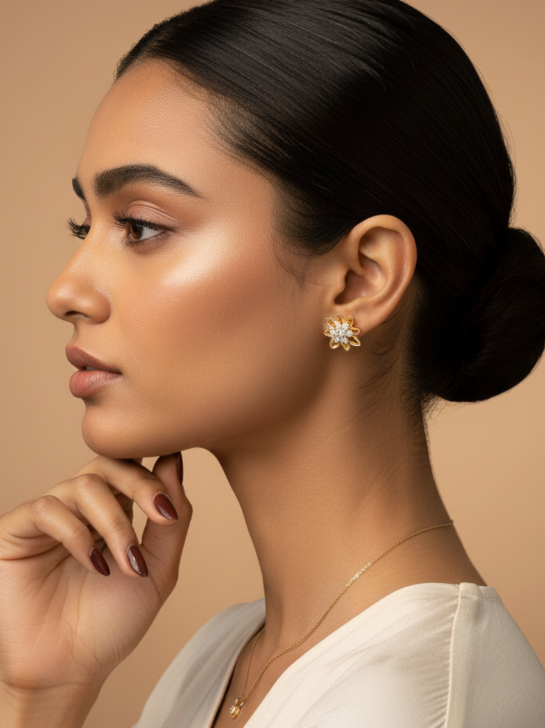 Gold-Plated CZ Floral Stud Earrings