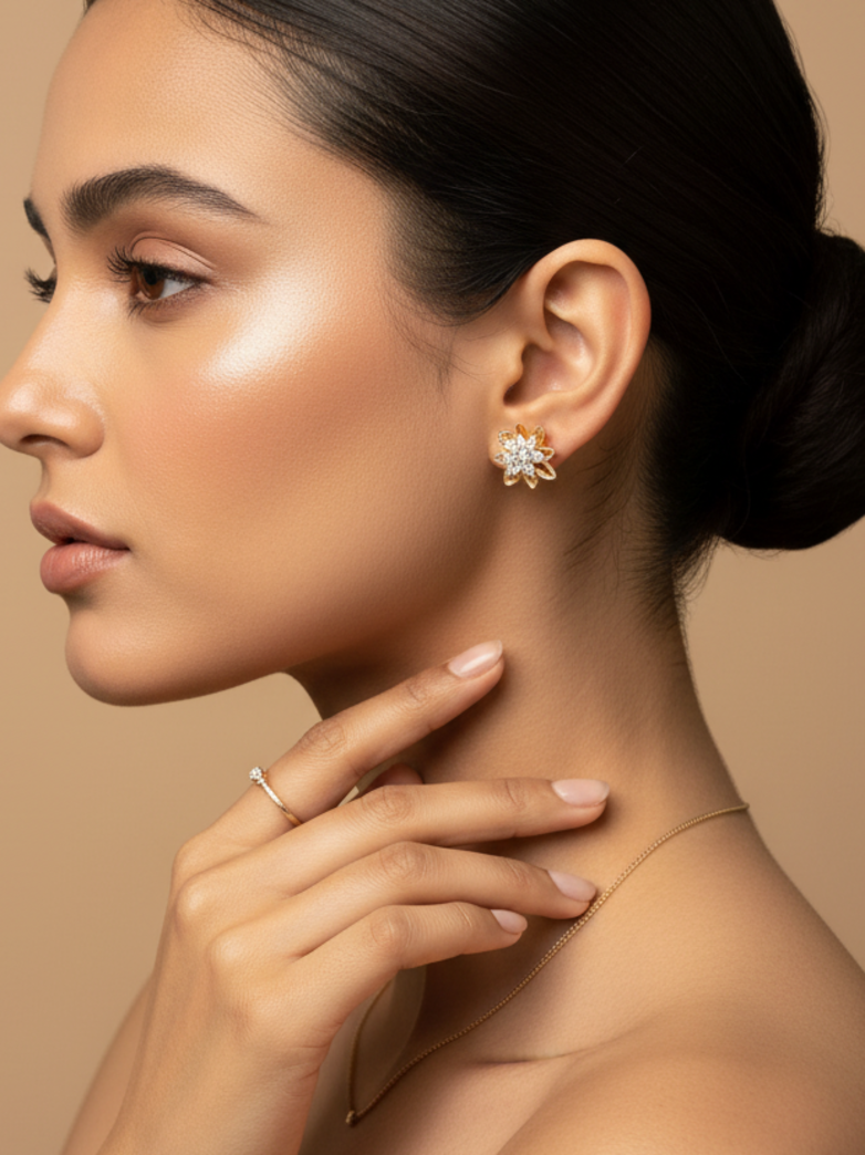 Gold-Plated CZ Floral Stud Earrings
