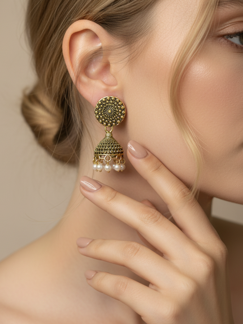 Antique Gold-Plated Micro Bead Jhumka Earrings
