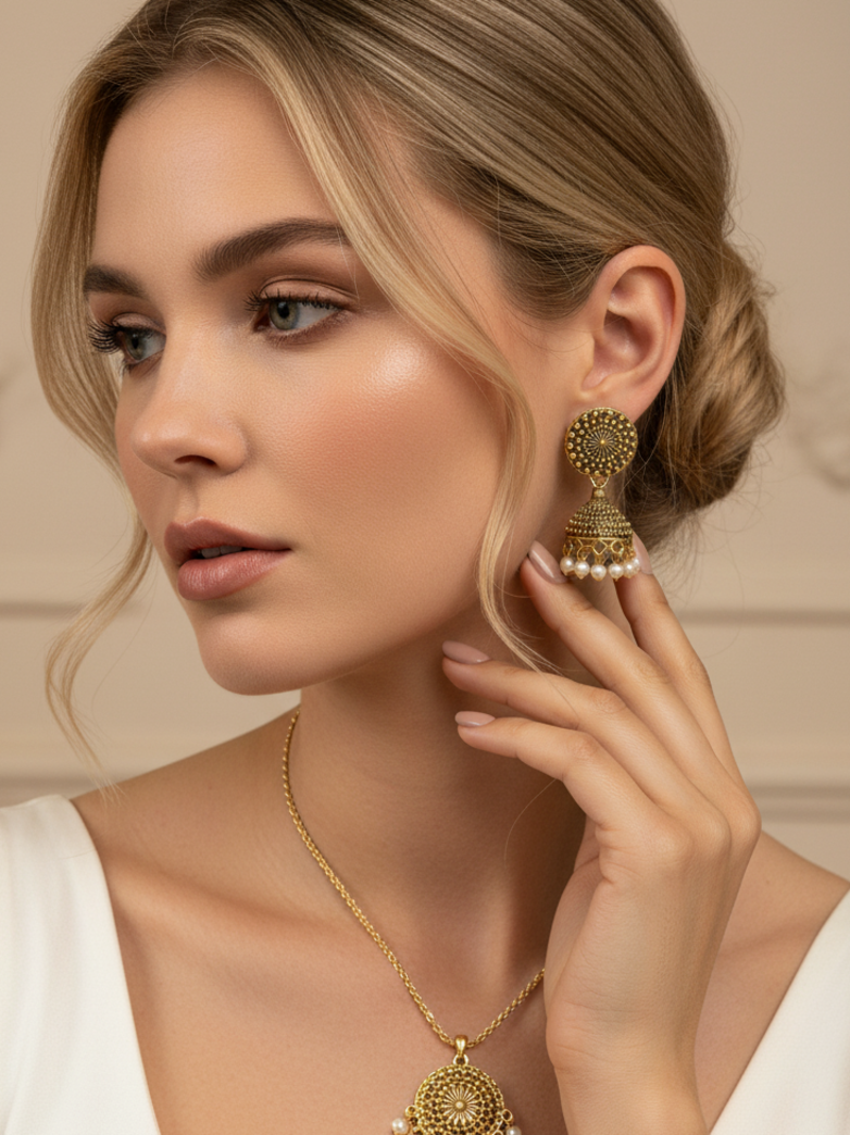 Antique Gold-Plated Micro Bead Jhumka Earrings