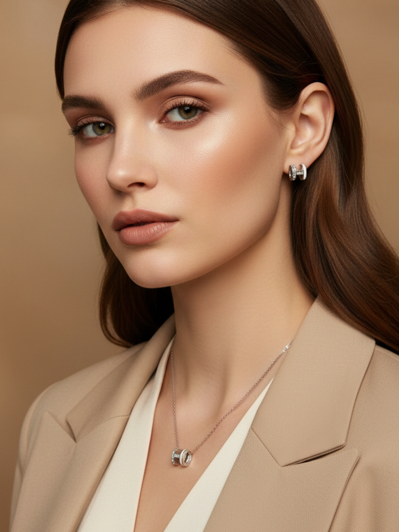 Silver Plated Cylinder Pendant Necklace & Stud Earring Jewellery Set for Women & Girls