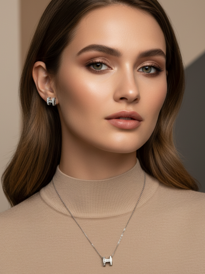 Silver Plated Cylinder Pendant Necklace & Stud Earring Jewellery Set for Women & Girls