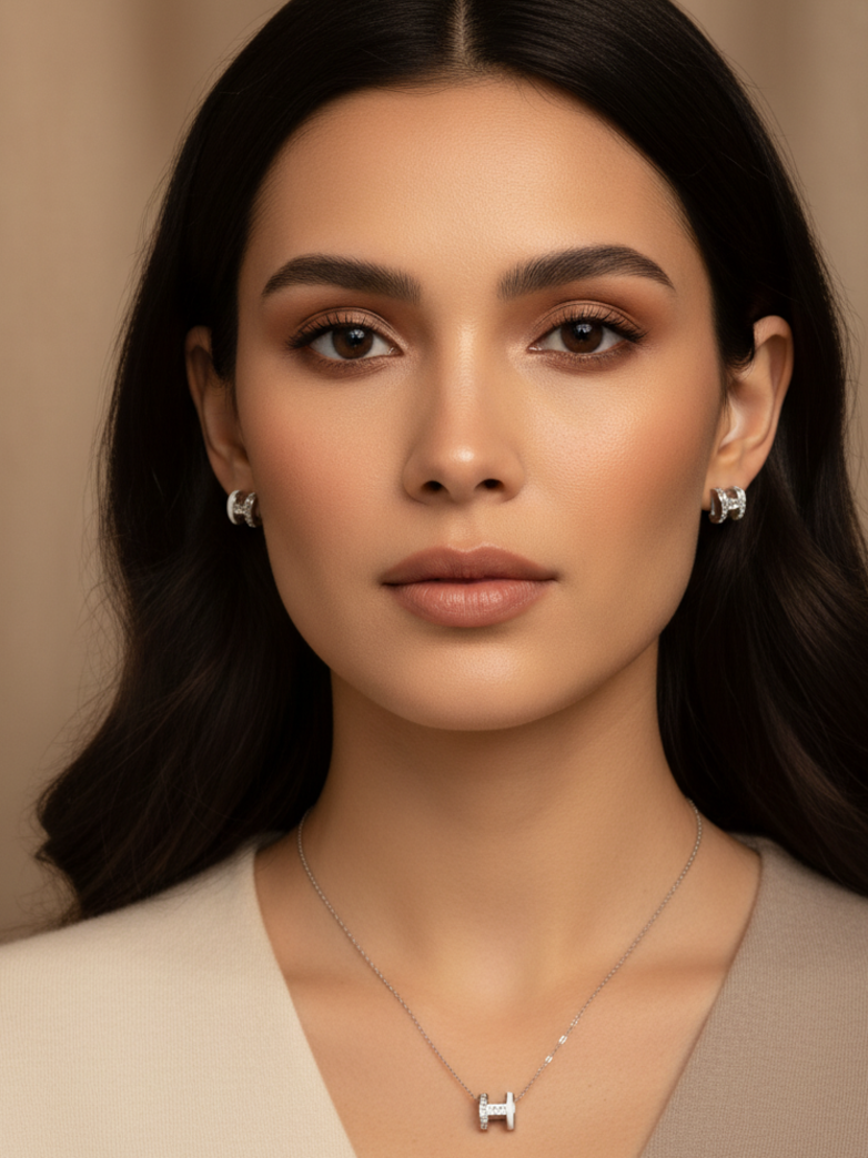Silver Plated Cylinder Pendant Necklace & Stud Earring Jewellery Set for Women & Girls