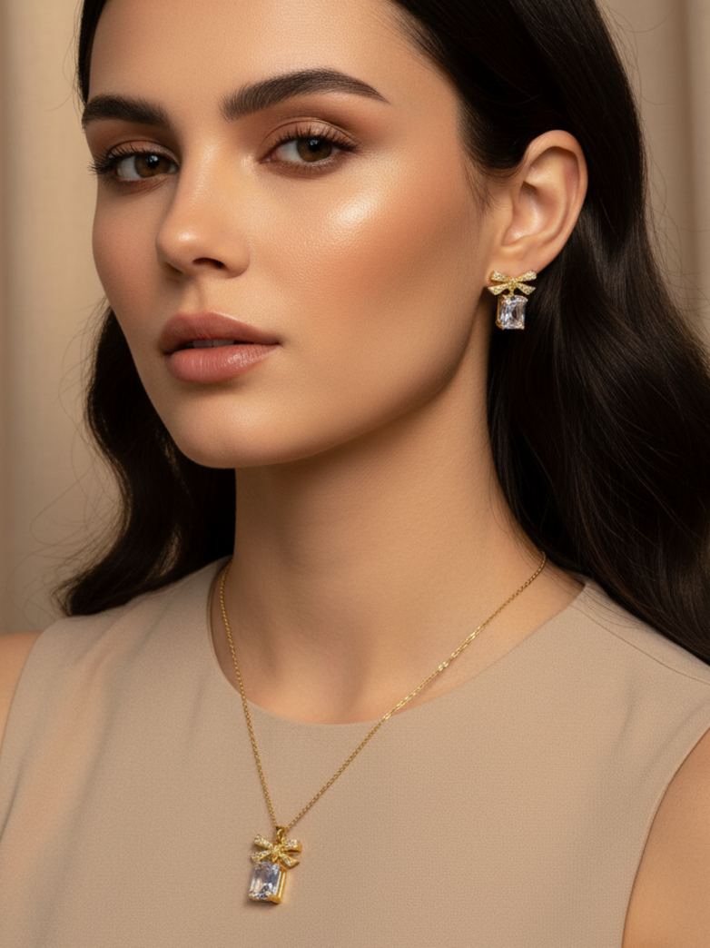 Gold Plated Bow Design Square Stone Pendant Necklace & Earring Jewellery Set for Women & Girls