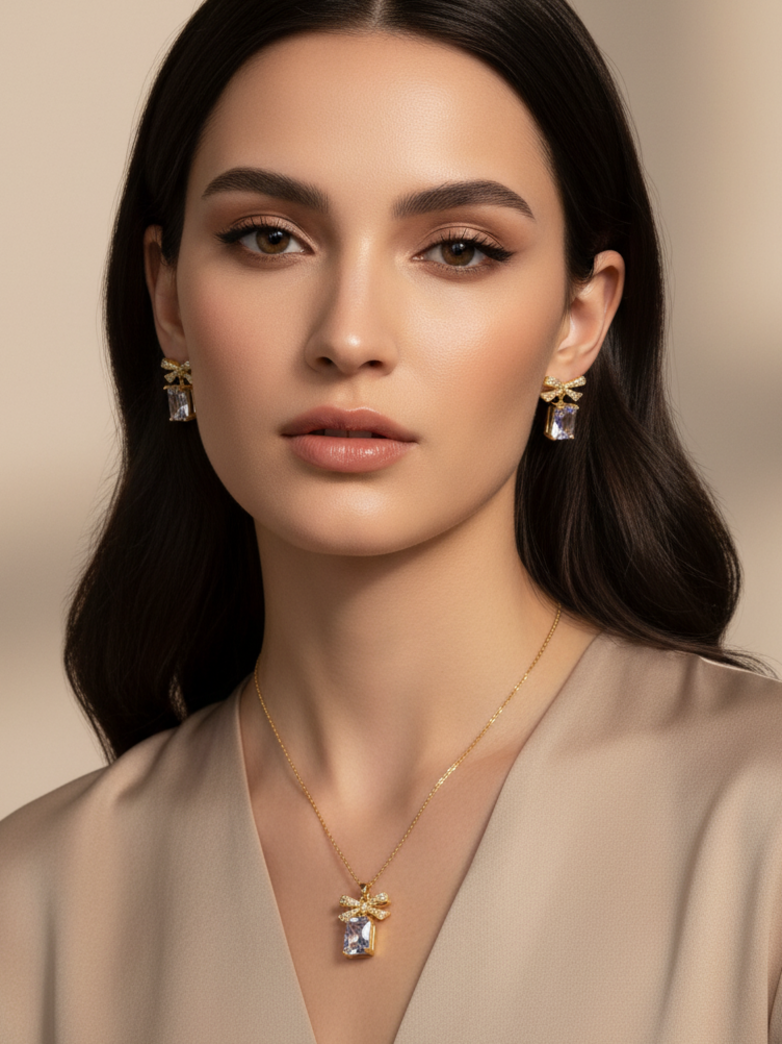 Gold Plated Bow Design Square Stone Pendant Necklace & Earring Jewellery Set for Women & Girls