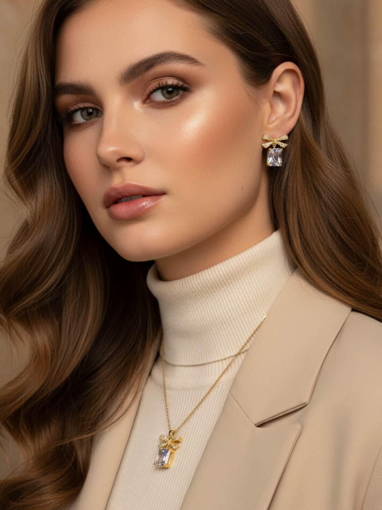 Gold Plated Bow Design Square Stone Pendant Necklace & Earring Jewellery Set for Women & Girls