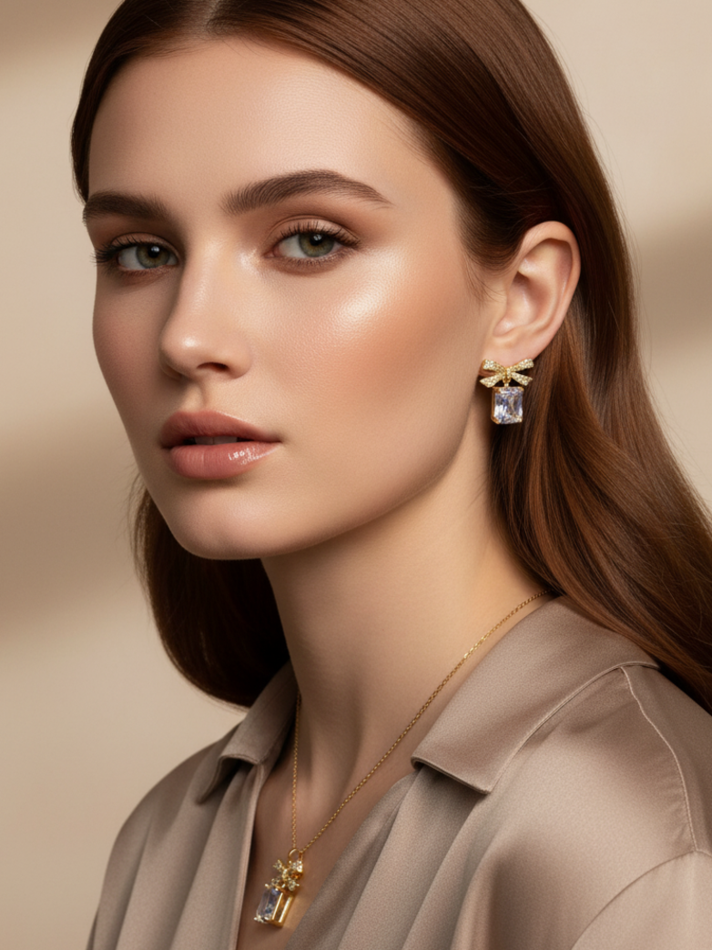 Gold Plated Bow Design Square Stone Pendant Necklace & Earring Jewellery Set for Women & Girls