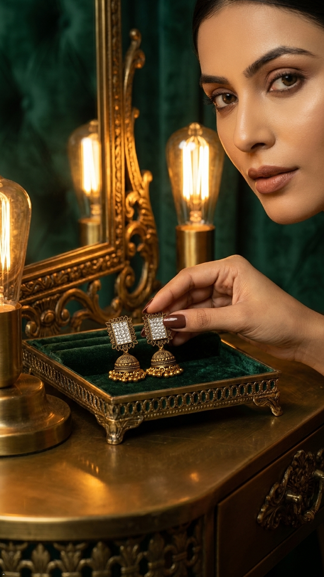 Antique Gold-Plated Square Stone Jhumka Earrings