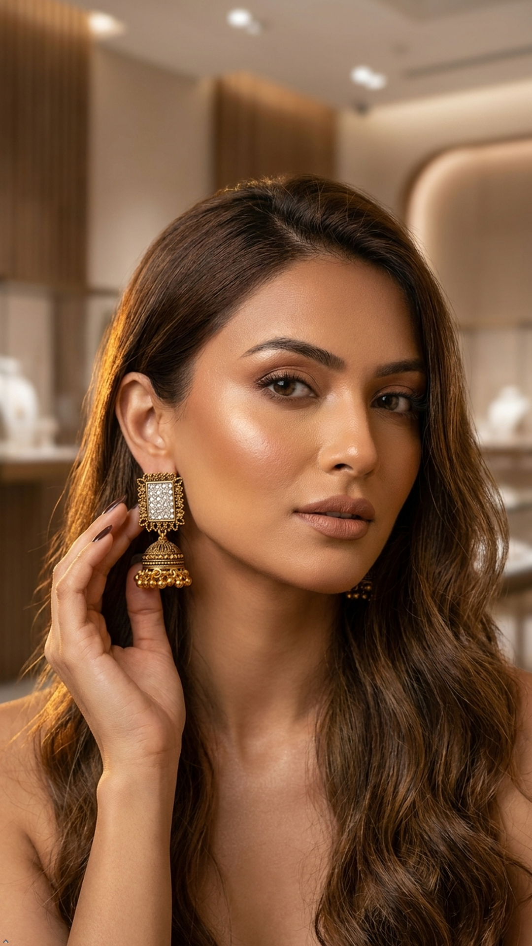 Antique Gold-Plated Square Stone Jhumka Earrings