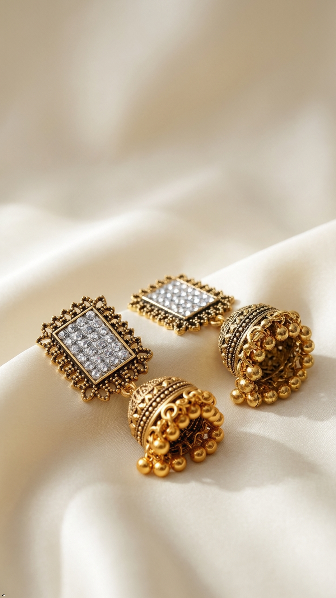 Antique Gold-Plated Square Stone Jhumka Earrings
